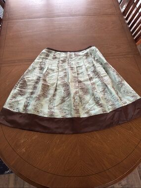 100% Silk Odille Anthropologie Pleated Skirt Mint Green Brown  Abstract Print 4